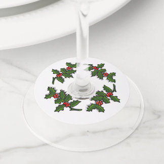 Wine Glass Tag- Holly Leaves and Berries Wine Glass Tag
