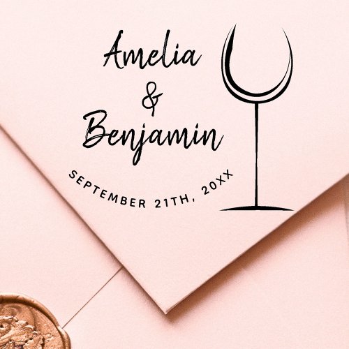 Wine Glass Typography Couples Names Weddding Rubber Stamp