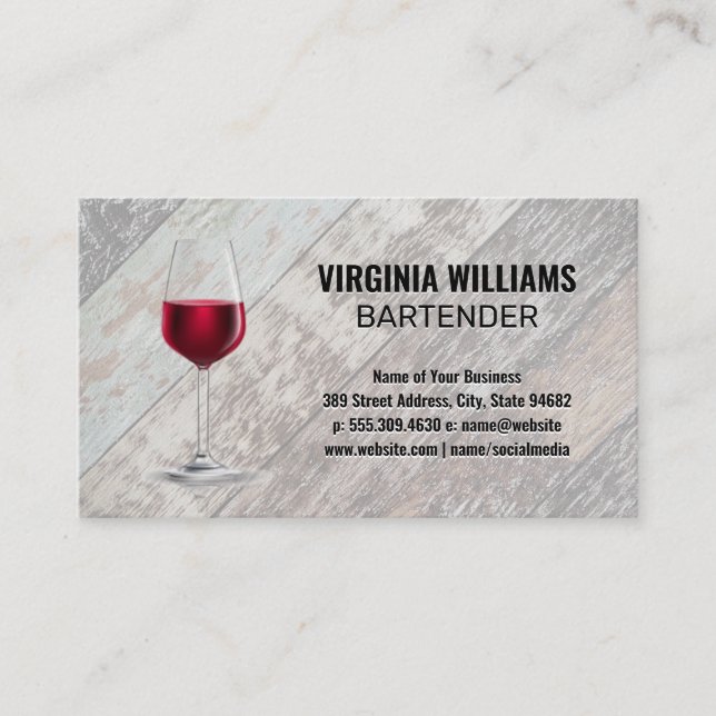 Wine Glass | Wooden Boards Background Business Card (Front)