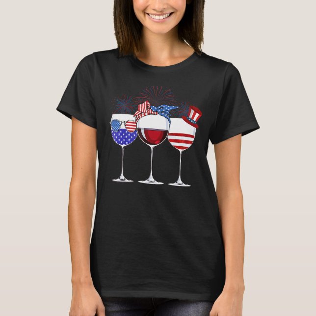 Wine Glasses American Flag Fireworks Wine  4th Of  T-Shirt (Front)