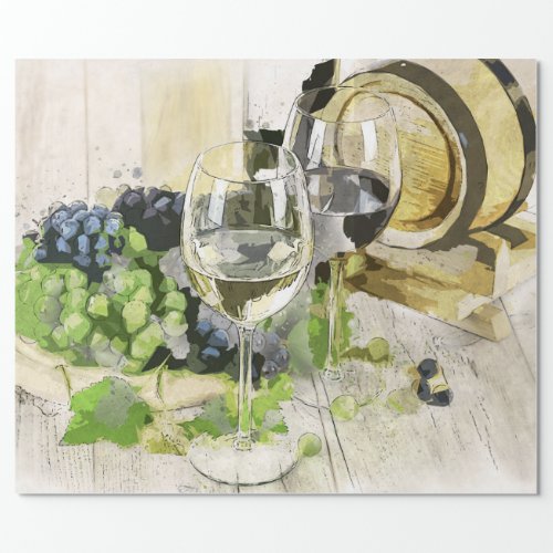 Wine Glasses Barrel and Grapes Wrapping Paper