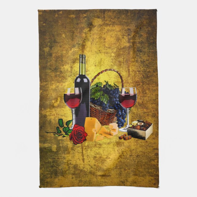 Wine glasses, bottle, grapes, cheese, chacolates kitchen towel (Vertical)