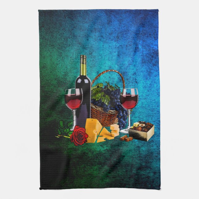 Wine glasses, bottle, grapes, cheese, chocolates kitchen towel (Vertical)
