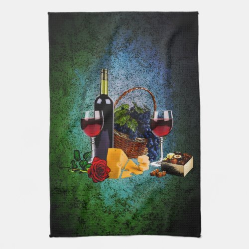 Wine glasses bottle grapes cheese chocolates kitchen towel