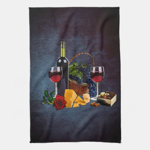 Wine glasses bottle grapes cheese chocolates N Kitchen Towel