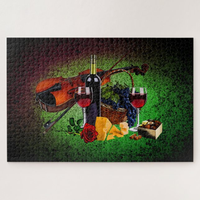 Wine glasses, bottle, grapes, cheese, Violin Jigsaw Puzzle (Horizontal)
