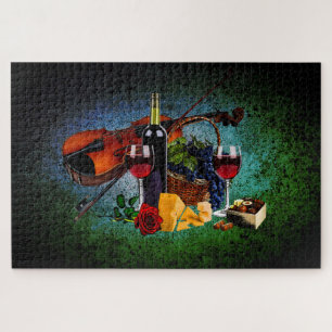 Wine glasses, bottle, grapes, cheese, Violin Jigsaw Puzzle