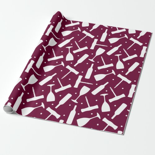 Wine Glasses Corkscrews Burgundy Patterned Wrapping Paper