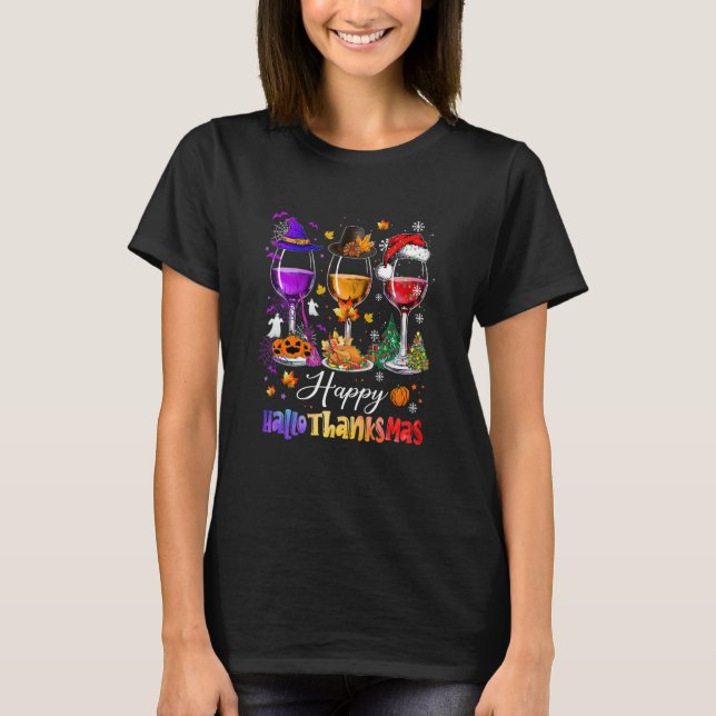 Wine Glasses Halloween Merry Christmas Happy Hallo T-Shirt (Front)
