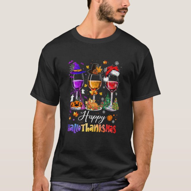 Wine Glasses Halloween Merry Christmas Happy Hallo T-Shirt (Front)