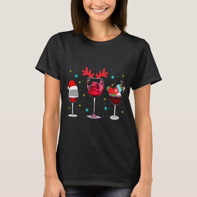 Wine Glasses Santa Hat Reindeer Christmas Snow Soc T-Shirt (Front)