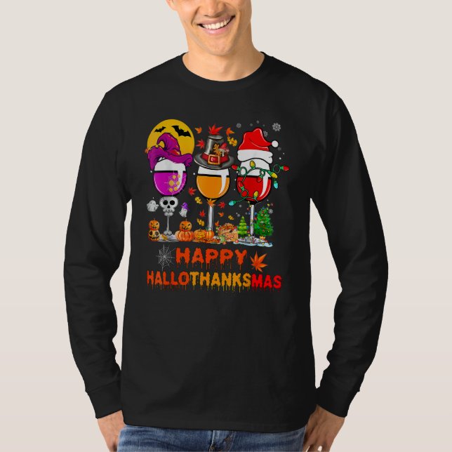 Wine Glasses Witch Santa Hat Pumpkin Happy Halloth T-Shirt (Front)