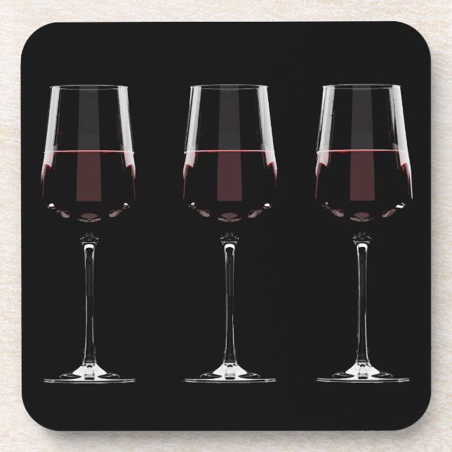 Wine glasses with red wine on black beverage coaster (Front)