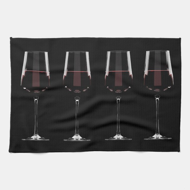Wine glasses with red wine on black kitchen towel (Horizontal)