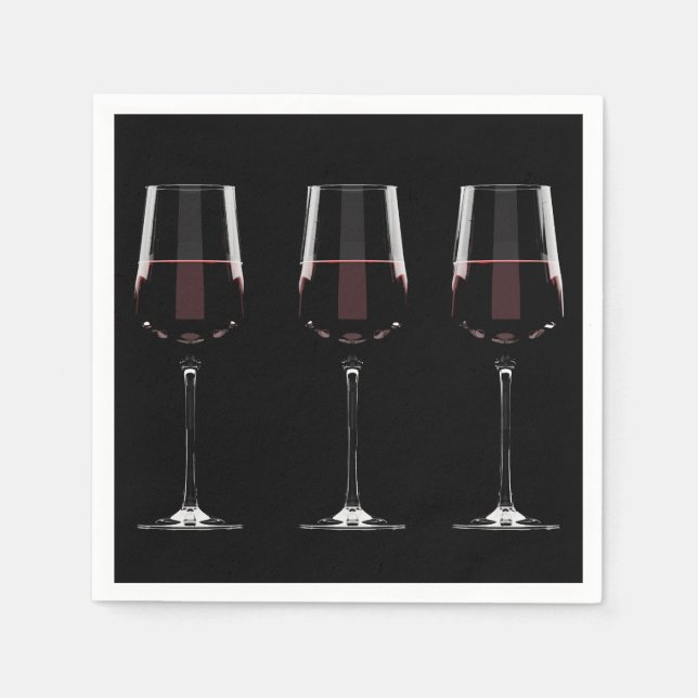 Wine glasses with red wine on black napkins (Front)