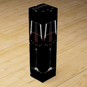 Wine glasses with red wine on black wine box