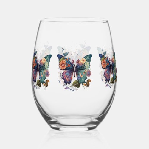 Wine Glasses with Retro Butterflies  Flowers