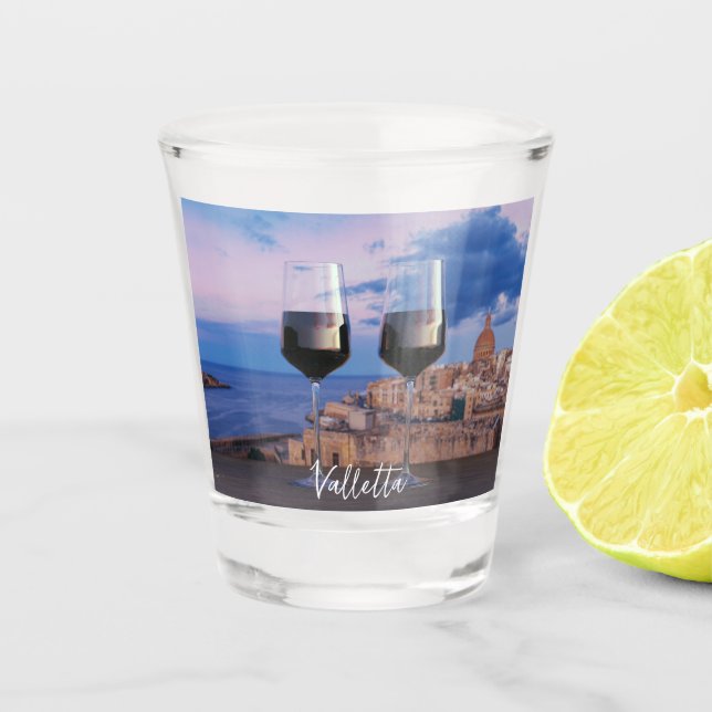 Wine glasses with view of sunset over Valletta (Front)