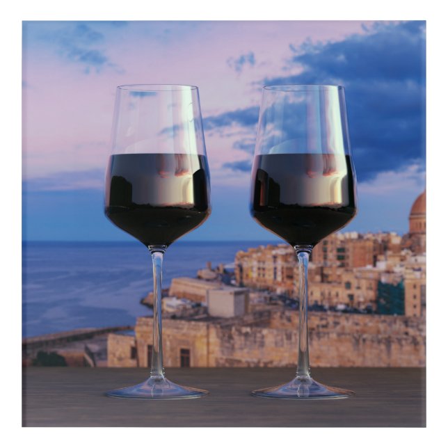 Wine glasses with view of sunset over Valletta Acrylic Print (Front)