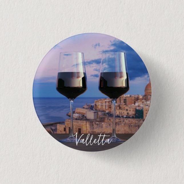 Wine glasses with view of sunset over Valletta Button (Front)