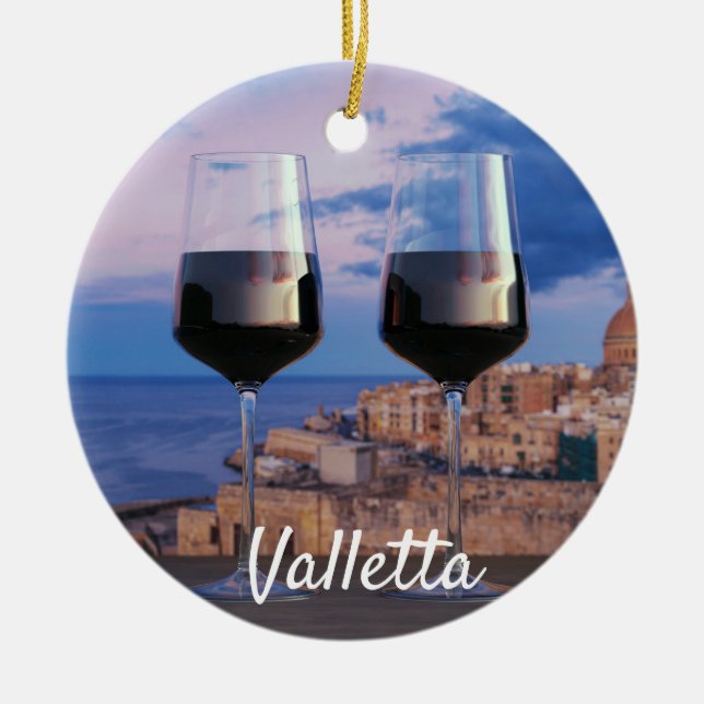 Wine glasses with view of sunset over Valletta Ceramic Ornament (Front)