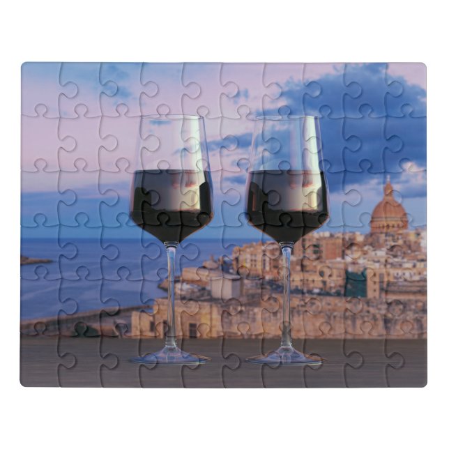Wine glasses with view of sunset over Valletta Jigsaw Puzzle (Puzzle Horizontal)
