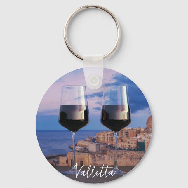 Wine glasses with view of sunset over Valletta Keychain (Front)