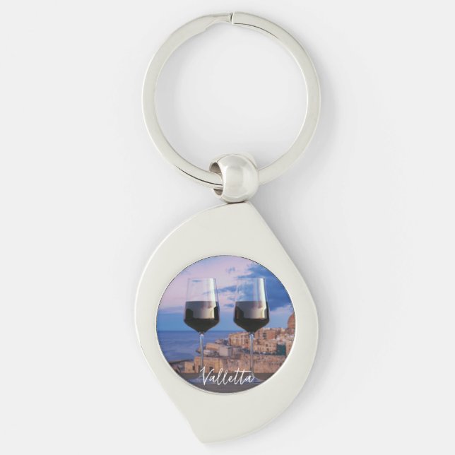 Wine glasses with view of sunset over Valletta Keychain (Front)