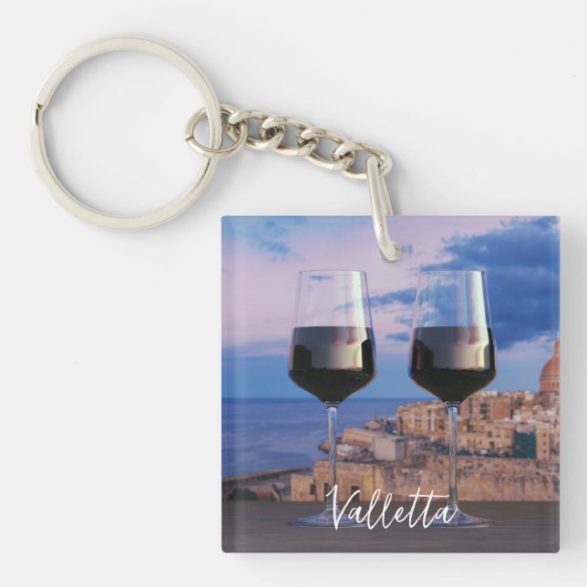 Wine glasses with view of sunset over Valletta Keychain (Front)