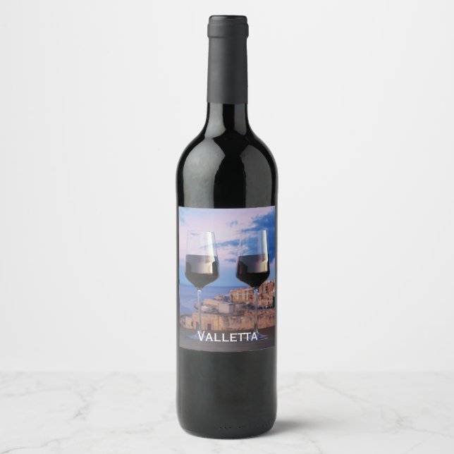 Wine glasses with view of sunset over Valletta Label (Front)