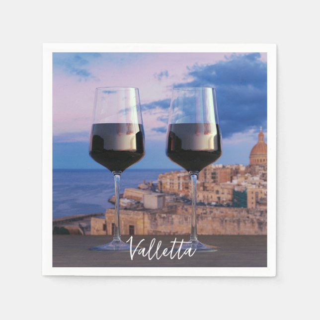 Wine glasses with view of sunset over Valletta Napkins (Front)