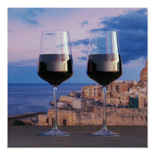 Wine glasses with view of sunset over Valletta Poster (Front)