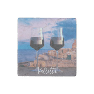 Wine glasses with view of sunset over Valletta Stone Magnet