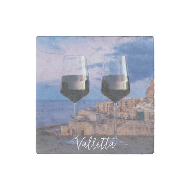 Wine glasses with view of sunset over Valletta Stone Magnet (Front)