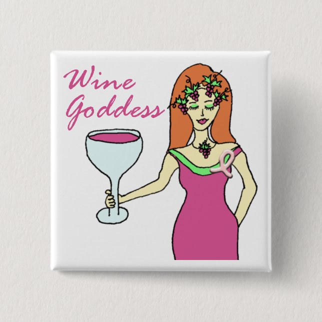 Wine Goddess Pink Ribbon Breast Cancer Awareness Button (Front)