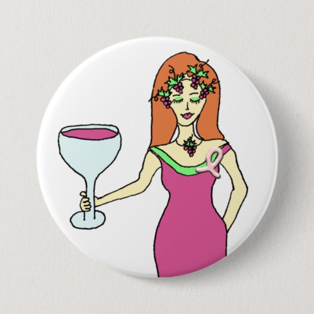 Wine Goddess Pink Ribbon Breast Cancer Awareness Pinback Button (Front)
