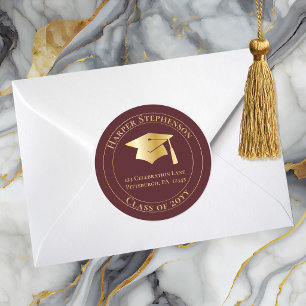 Wine Gold Grad Cap Class of 2026 Return Address Classic Round Sticker