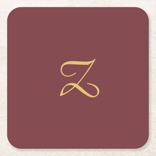 Wine Gold Monogram Professional Trendy Modern Square Paper Coaster (Front)
