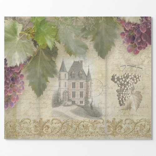 Wine Grape Script Ephemera Vineyard French Chateau Wrapping Paper