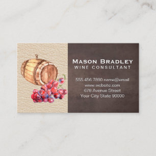 Wine Grapes and Barrel Brown Leather Texture Business Card