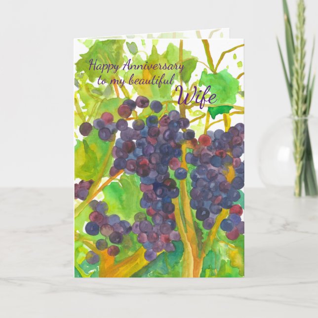 Wine Grapes Happy Anniversary Wife Card (Front)