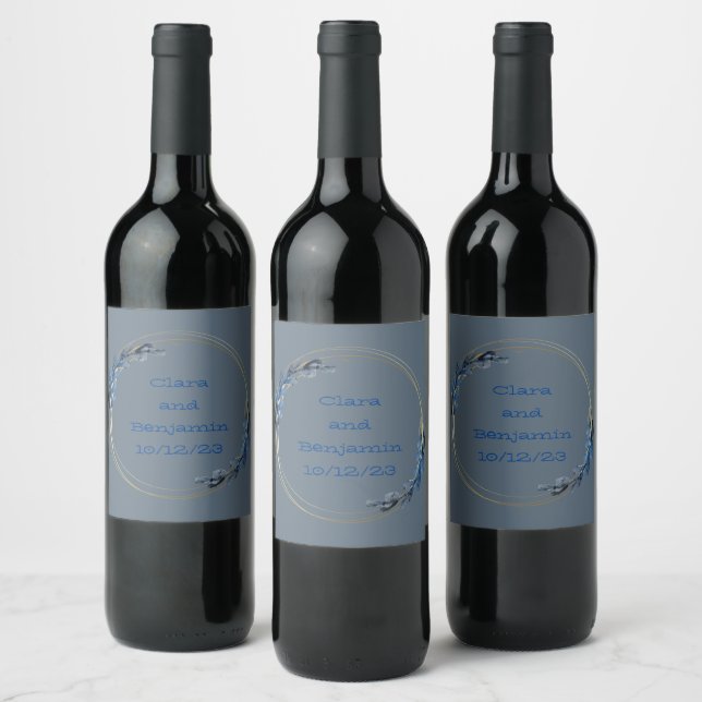 Wine Grapes Personalized Flowers Blue Gold Label (Bottles)