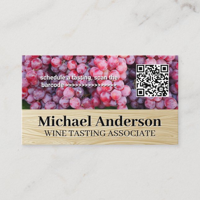 Wine Grapes | QR Barcode | Wood Grain Business Card (Front)