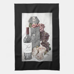 Wine, Grapes & Roses in Burgundy & Black Kitchen Towel