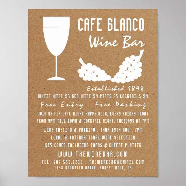 Wine & Grapes, Rustic Wine Bar/Winery Advertising Poster (Front)