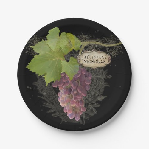 Wine Grapes Vineyard Elegant Mr and Mrs Wedding Paper Plates