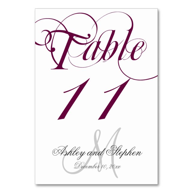 Wine Gray Monogram Wedding Table Number Card (Front)