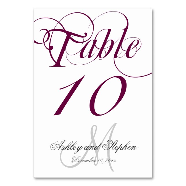 Wine Gray Monogram Wedding Table Number Card (Front)
