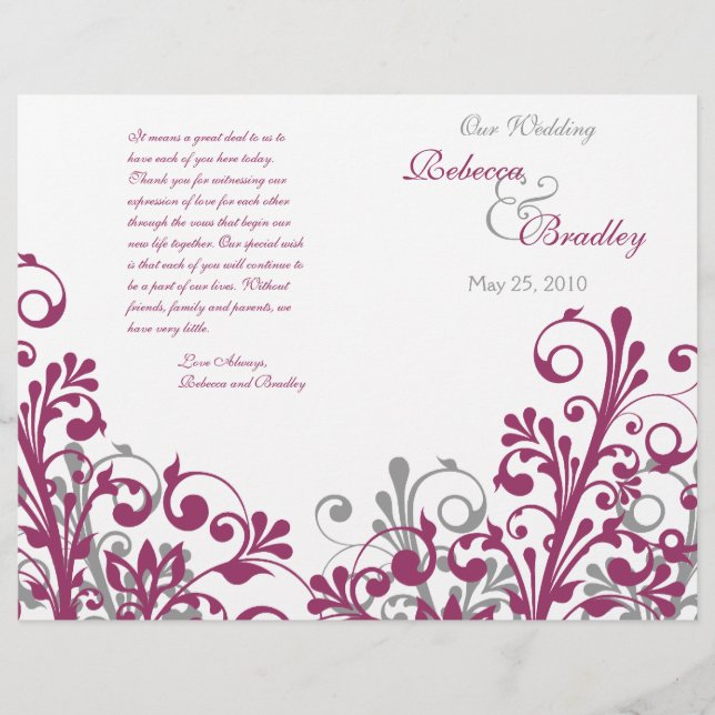 wine gray white abstract floral wedding program (Front)