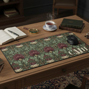 Wine Green Vintage William Morris Floral Monogram Desk Mat